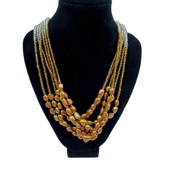 Golden Freshwater Pearl Necklace Multi Strand Crystal Beaded Statement‎ Jewelry - Picture 6 of 6